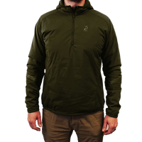 Close-up of a men's black lightweight half-zip hooded outdoor jacket.