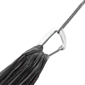 Close-up of an Outdoor Vitals hammock end connected to a carabiner and Whoopie Sling suspension line.