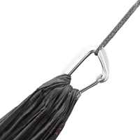 Close-up of an Outdoor Vitals hammock end connected to a carabiner and Whoopie Sling suspension line.