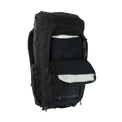 Three-quarter front view of the Outdoor Vitals KotaUL Ultralight Travel & Adventure Backpack with the front compartment unzipped to reveal internal storage pockets and white fabric lining.