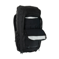 Three-quarter front view of the Outdoor Vitals KotaUL Ultralight Travel & Adventure Backpack with the front compartment unzipped to reveal internal storage pockets and white fabric lining.