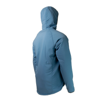 Rear angled view of the Outdoor Vitals Vario Jacket with the hood up