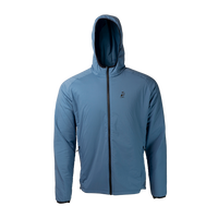 front view of men's full zip hooded jacket for backpacking