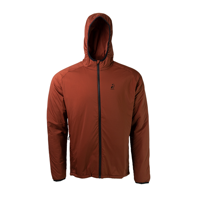 front view of men's full zip hooded jacket for backpacking