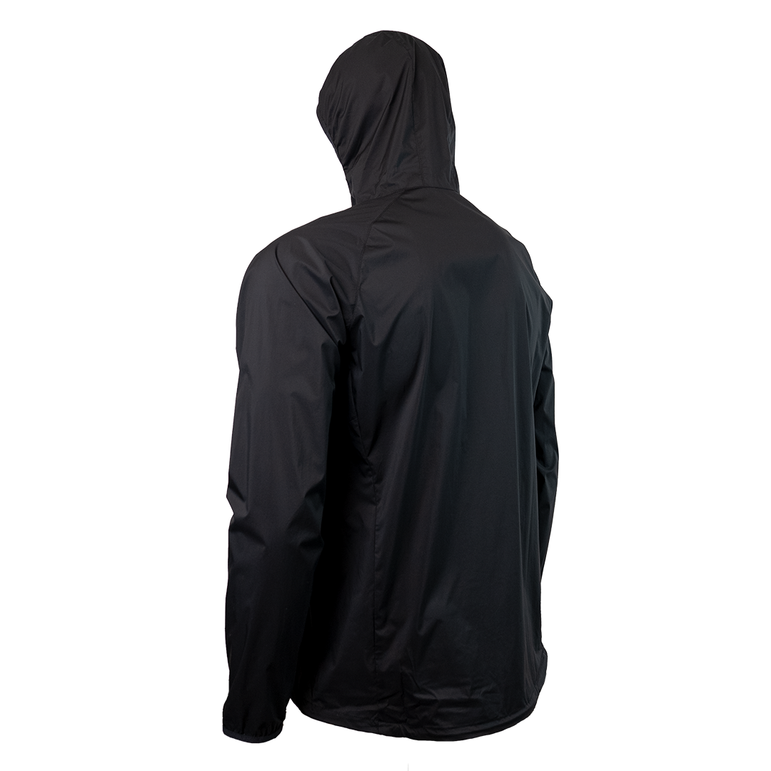 45 degree back left side view of windbreaker jacket for backpacking
