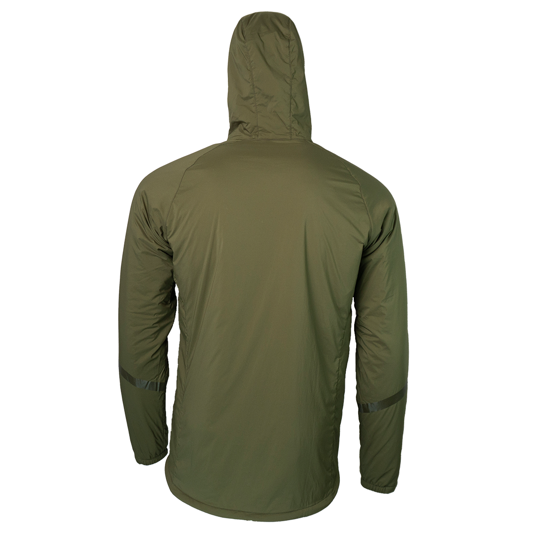 rear view of men's technical hiking hoodie for backpacking