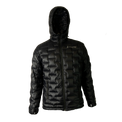 Front view of a Outdoor Vitals insulated hooded jacket, featuring quilted baffles and a full-length zipper.