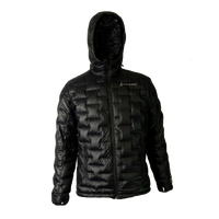 Front view of a Outdoor Vitals insulated hooded jacket, featuring quilted baffles and a full-length zipper.