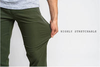 Demonstration of highly stretchable fabric on Outdoor Vitals Satu Adventure Pants.