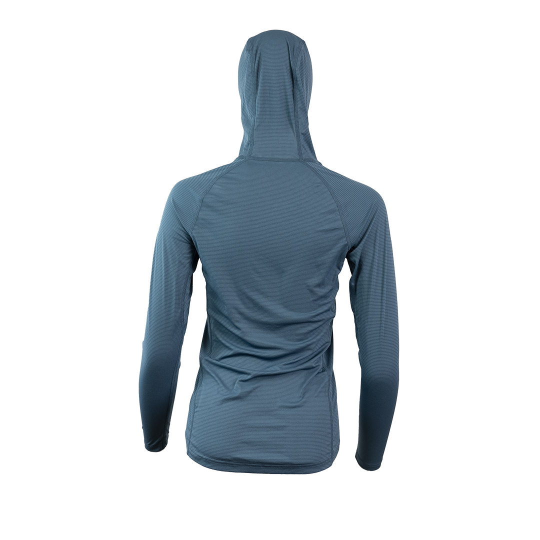 Ultralight synthetic hoodie, displaying true flat-lock seams and a minimal clean collar. Back view