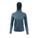 Blue Ultralight synthetic hoodie with a hood, displaying true flat-lock seams and a minimal clean collar.