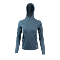 Blue Ultralight synthetic hoodie with a hood, displaying true flat-lock seams and a minimal clean collar.