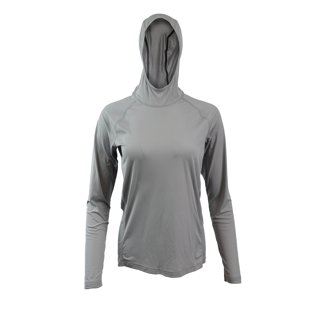 Ultralight synthetic hoodie with a hood, displaying true flat-lock seams and a minimal clean collar.