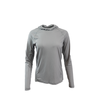 Ultralight synthetic hoodie, displaying true flat-lock seams and a minimal clean collar. Front view