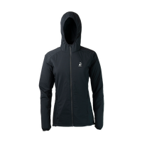 front view of women's full zip hooded jacket for backpacking